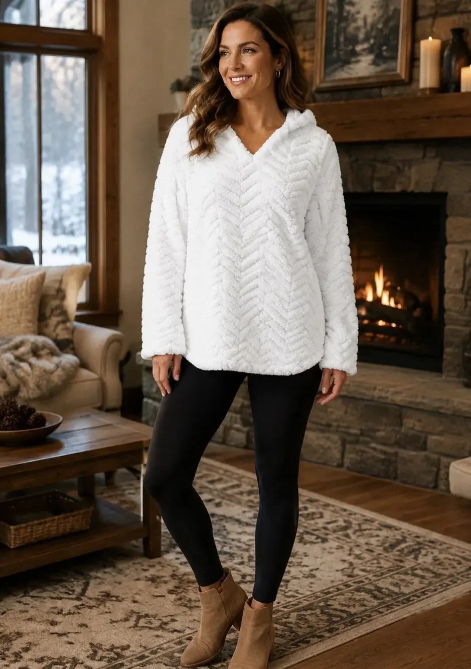 AuneLiege Women’s Medium White Sherpa Hoodie Pullover Chevron Plush Cozy
